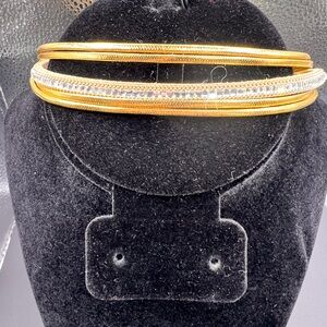 Gold Tone Triple Leather Strand Choker w/Rhinestone Center & Magnetic Clasp-15”